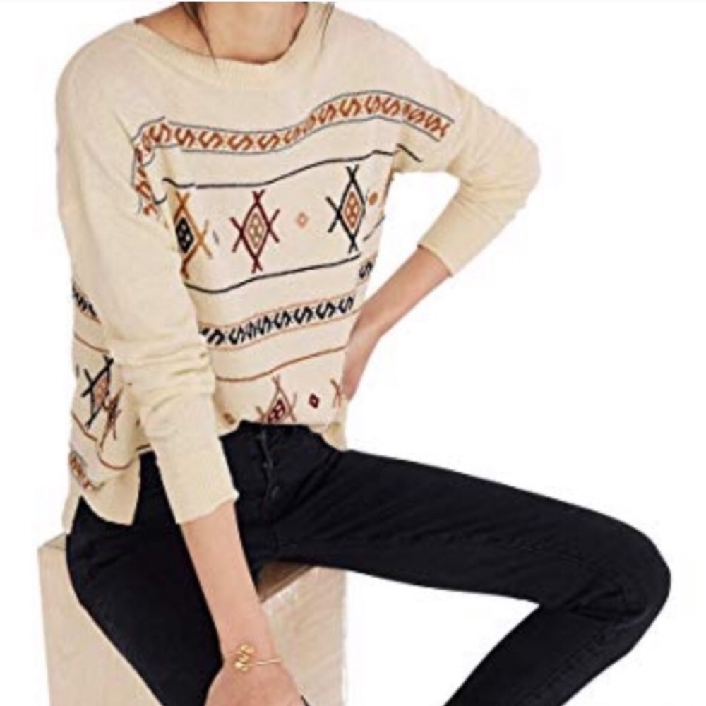 Madewell Cream Patterned Pullover Sweater with Multicolor Embroidery